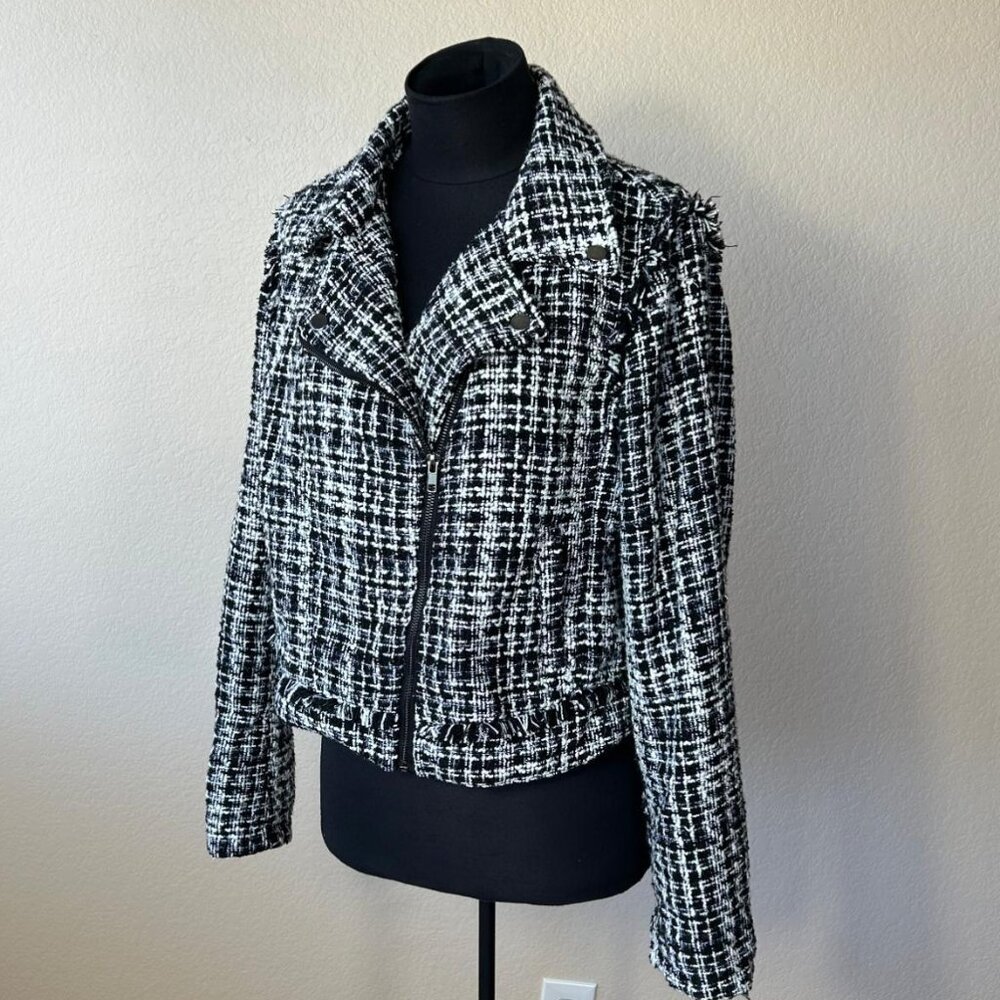 A New Day Black White Tweed Moto Jacket L Fringe Trim Zip Textured Cropped Blaze